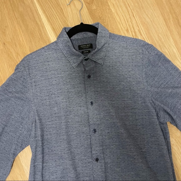 ZARA Chambray Polka-Dot Button-Up Collared Shirt L Long-Sleeve Blue Slim Fit - Picture 6 of 8